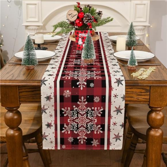 Christmas Table Runner Plaid Decor Winter Snowflake Decoration Decorative Cloth - Picture 3 of 10